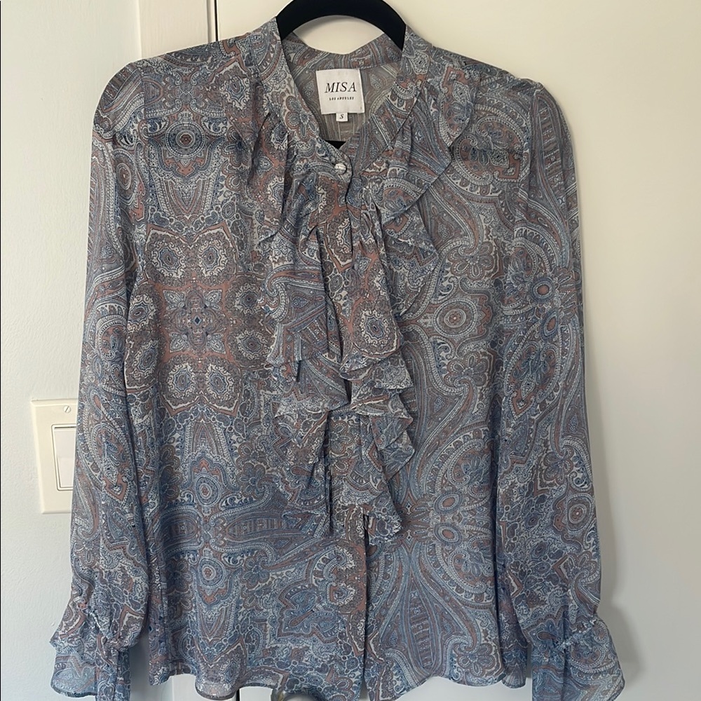 MISA Los Angeles Paisley Ruffle Blouse - Blue and Gray
